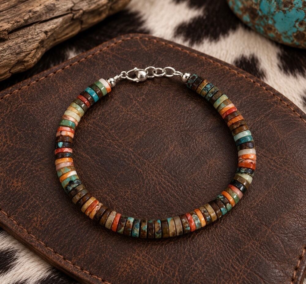 7" Spiny Oyster & Turquoise Heishi Sterling Silver Bracelet